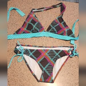 2 piece bikini bathing suite brown with blue orange pink colors size 8-10